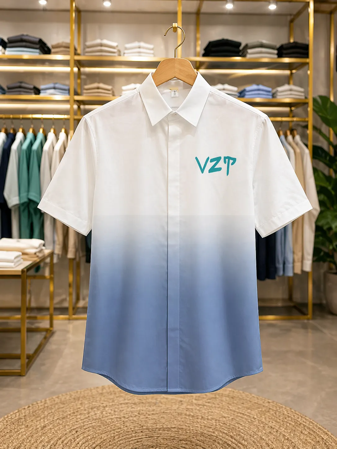 Men's Blue and White Ombre Gradient Short-Sleeve Shirt